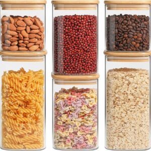 Airtight Glass Storage Canister with Bamboo Lid 650/1100/1500Ml Set of 6, Clear Food Storage Container Kitchen Pantry Storage Jar for Flour Cereal Sugar Tea Coffee Beans Snacks, Square