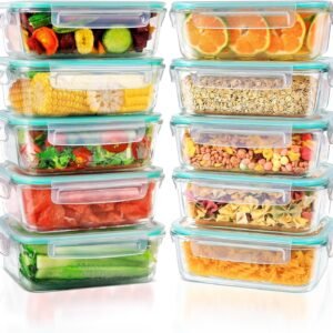 10 Pack Large Airtight Glass Food Storage Containers with Plastic Lids (1040Ml/35Oz) - Glass Meal Prep Food Containers, Lunch Box for Kitchen Storage & Organisation